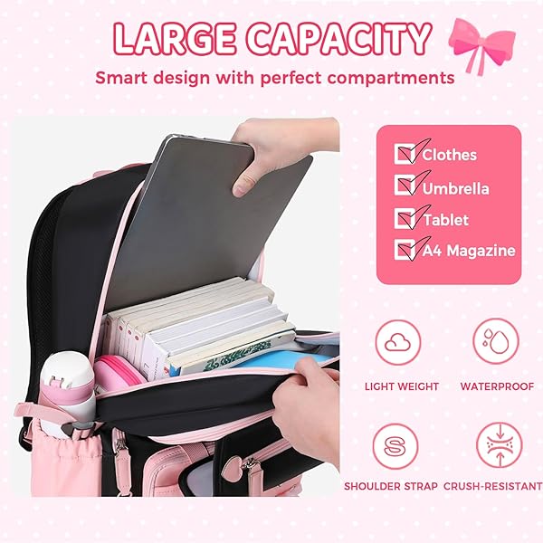 TYHOTULY 3PCS CUTE AESTHETIC GIRLS BACKPACK WITH LUNCH BOX PENCIL CASE SET, ELEMENTARY MIDDLE HIGH SCHOOL STUDENT BOOK BAG FOR KIDS TEENS, LARGE CAPACITY KAWAII PREPPY BOW TIE BOOKBAG