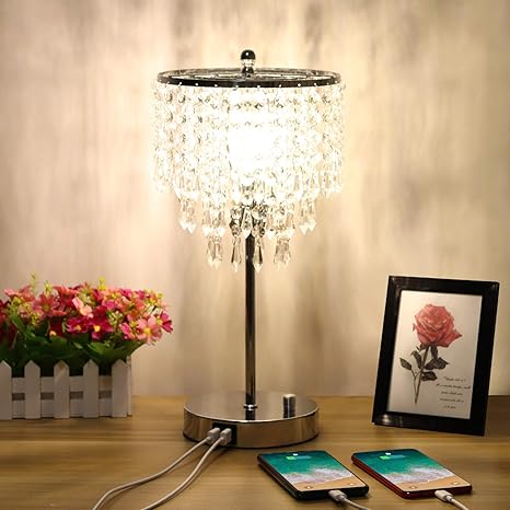 Amazon Com Zermurd Crystal Table Lamp Stepless Dimmable Crystal Bedside Lamp With Dual Usb Ports Decorative Elegant Lamp Beautiful Nightstand Lamp For Living Room Bedroom Dressing Room B11 6w Led Bulb Included Home