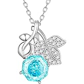 Aurora Tears Birthstone Rose Pendant Necklace - 925 Sterling Silver Rose Cut Cubic Zirconia Flower Leaf Necklace Anniversary Birthday Jewelry Gift for Women Wife Mom Daughter
