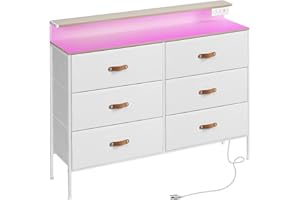 SANGMUCEN 47.2" W White Dresser for Bedroom with Charging Station and LED Lights, 6 Drawers Dresser with PU Finish, Wide Fabric Dressers for Closet, Bedroom, Hallway Entryway, Wood