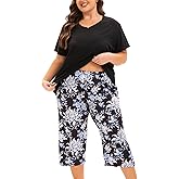MUKVIK Plus Size Pajamas for Women Set, Womens Plus Size Short Sleeve V Neck Capri Pants Pajama Sets with Pockets