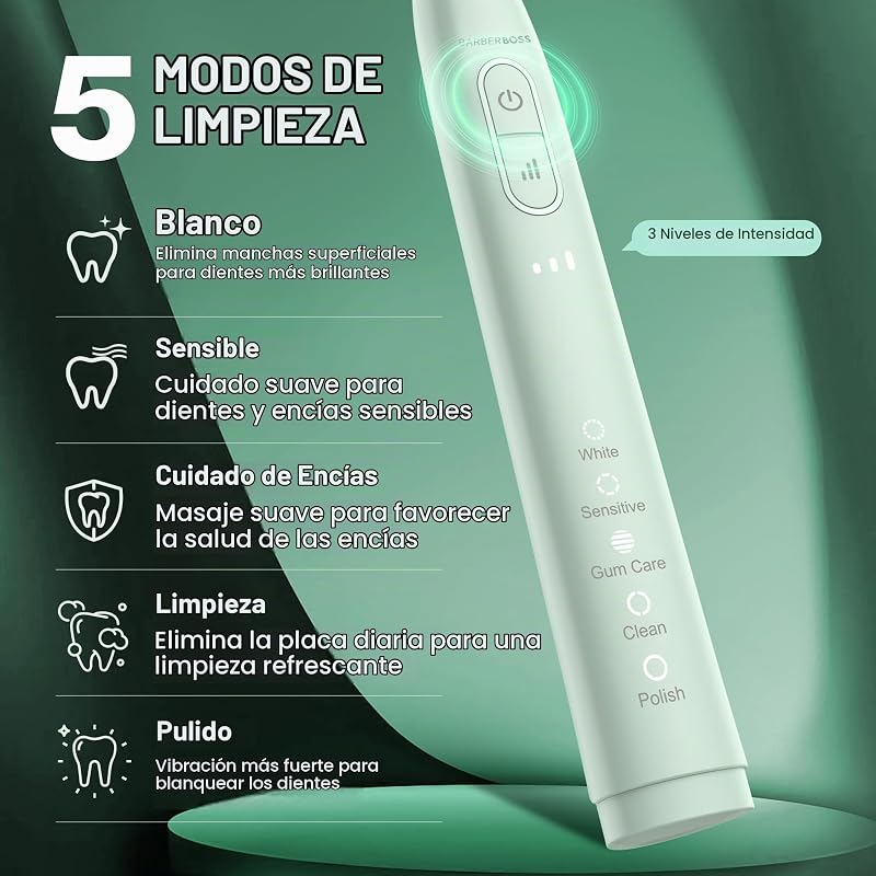 Escova de dentes sónica para adultos, escova elétrica recarregável com 5 modos de limpeza, 3 níveis de intensidade, sensor de pressão inteligente (Verde)