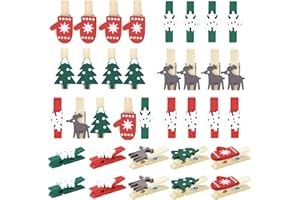 TIGGELL 100pcs Christmas Wood Clips Xmas Tree Snowflake Elk Gloves Clothespins DIY Photo Pegs Hanging Clips for Party Favors Home School Art Craft Decor