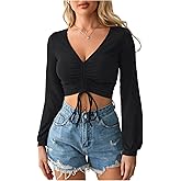 SweatyRocks Women's Drawstring Front Ruched Slim Fit Crop Tops Lantern Sleeve V Neck Tee Tops
