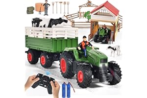HRZPACT Remote Control Tractor for Kids, RC Tractor 2.4Ghz w/Trailer, Farm Toy House, Lights, Animal Figures, Toy Tractors Truck Toddlers Farm Vehicle Toys for 3+ Year Boys Girls Birthday Gift