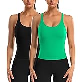 ATTRACO 2 Pack Ribbed Workout Tank Top with Built in Bra Women Seamless Cropped Racerback Yoga Tops Tight Fit