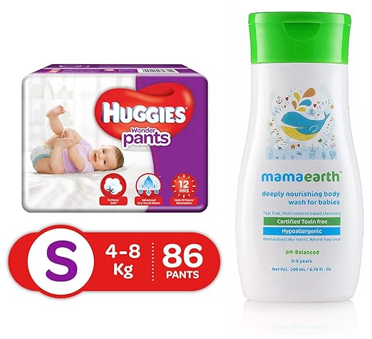 Huggies Wonder Pants Small Size Diapers, 86 Count & Mamaearth Deeply nourishing wash for babies (200 ml, 0-5 Yrs)
