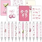 Fullhawl 24 Pcs Mini Coquette Pink Bow Notebooks and Pens Set 12 Small Pink Martini Ruled Notepad 12 Ballpoint Pens Preppy Bow Journal Bulk for Women Travel Office Supplies 3.2 x 4.9 Inch
