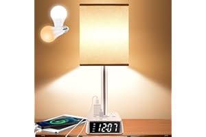Yostyle Table Lamp Bedside Lamp with 4 USB Ports and AC Power Outlets, Alarm Clock Base w/ 5Ft Extension Cord, Square Oatmeal Fabric Lampshade Modern Accent Nightstand Lamps for Bedrooms Living Room