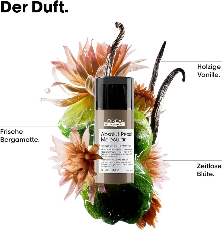 L'Oréal Professionnel Leave-In für strukturgeschädigtes Haar, Zur molekularen Tiefenreparatur, Mit Peptidbondern und 5 Aminosäuren, Hitzeschutz, Serie Expert, Absolut Repair Molecular, 100 ml