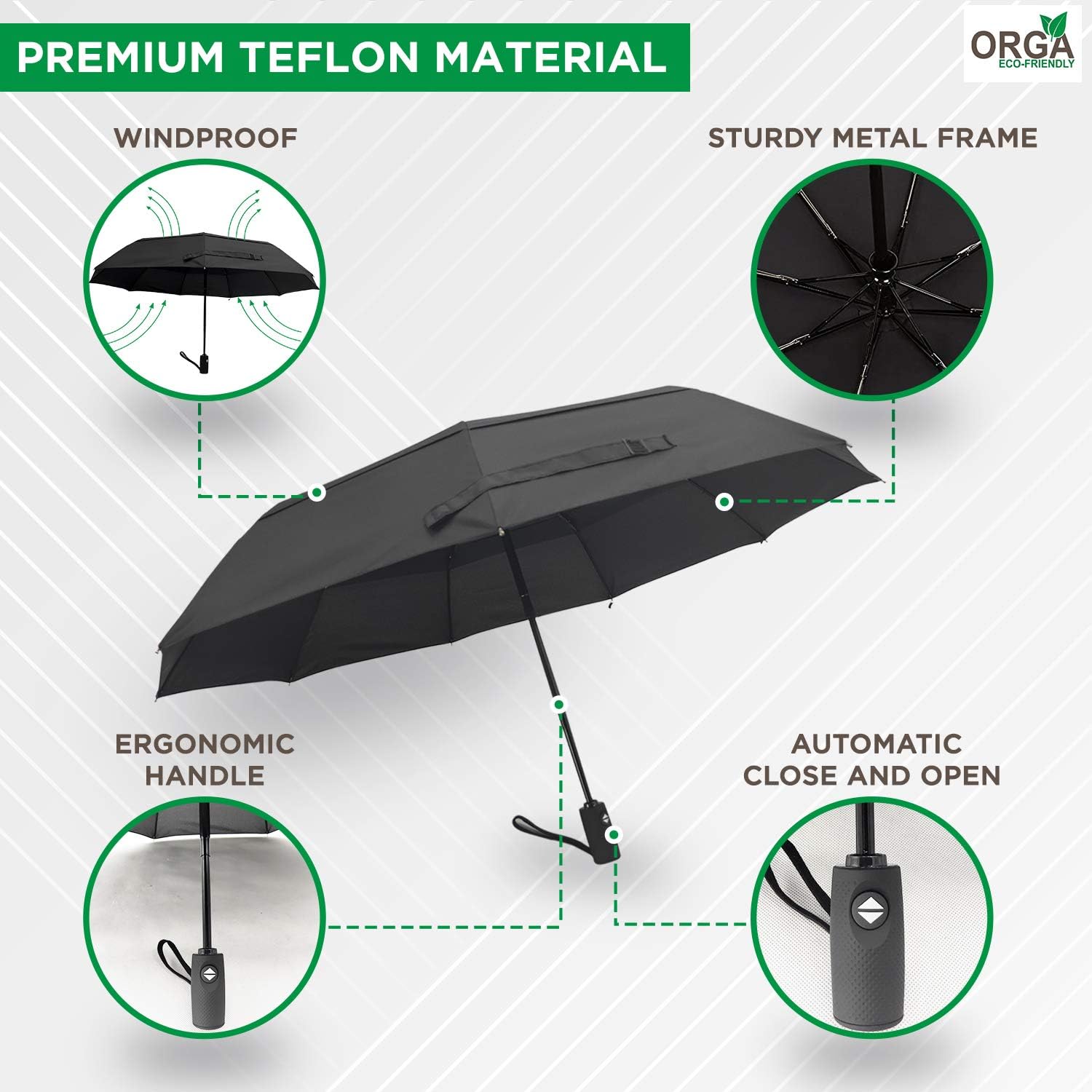 ORGA ECO-FRIENDLY Umbrella Windproof Double Vented Travel Umbrella with Teflon Coating (Black), S - Image 4