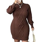 winkbay Women's Plus Size Cable Knit Sweater Dress Fall Lantern Sleeve Crew Neck Elegant Casual Short Dresses