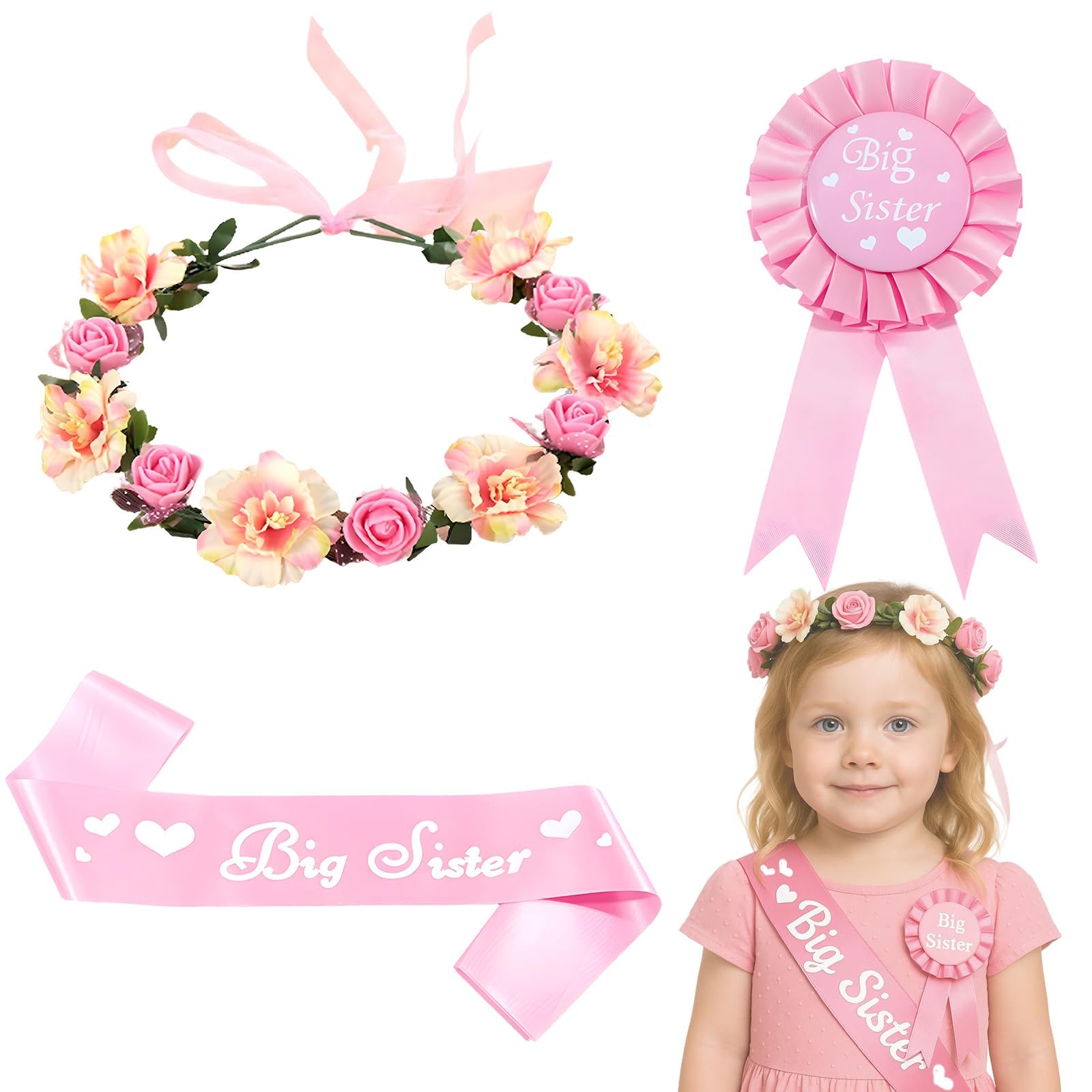 3 PCS Big Sister Gifts, Promoted to Big Sister Accessories with Pink Sash, Badge and Flower Crown, New Big Sister Gifts for Shower Parties, Family Celebrations (Pink)