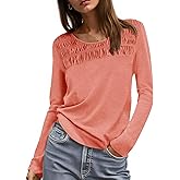 Tankaneo Womens Smocked Long Sleeve Shirts Casual Crew Neck Curved Hem Tunic Tops Loose Fit Basic Tee