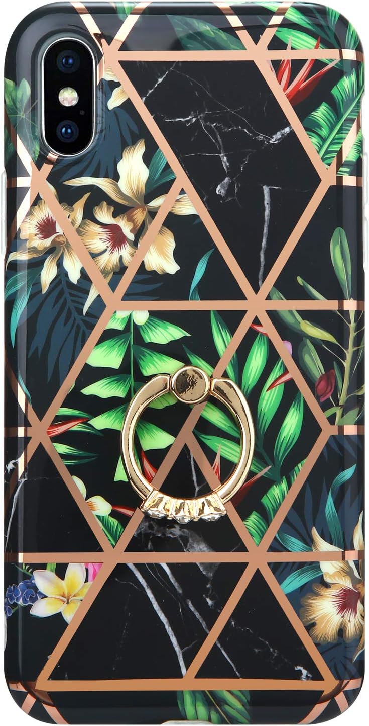 FUJICAR iPhone Xs Max Case for Girls Women,Black Flower Marble Design Glossy Slim Fit Shock Proof Soft TPU Full Body Protective Cover Case with 360 Degree Rotating Ring for iPhone Xs Max