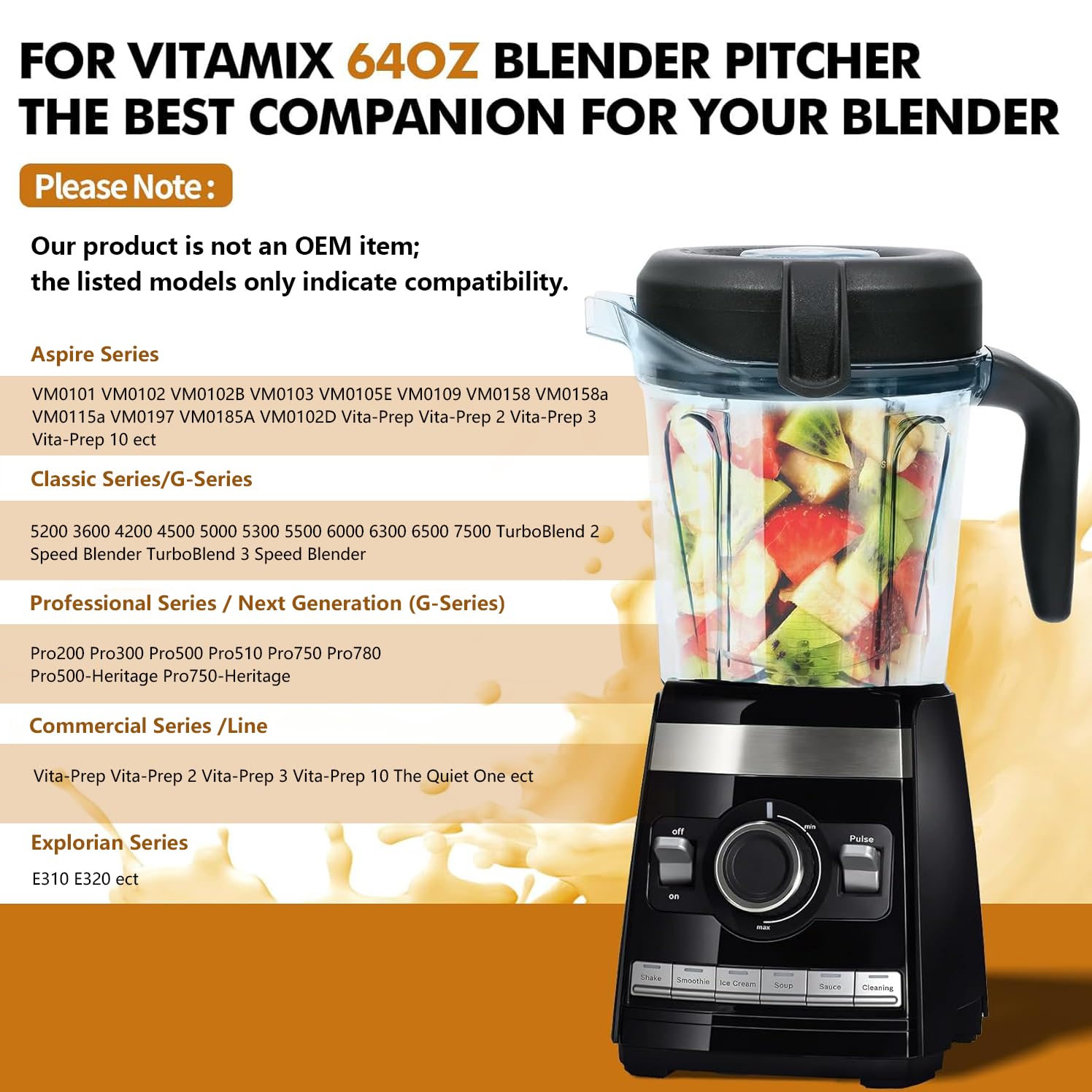 For Vitamix Blender Pitcher 64oz Low-Profile, Replacement for Vitamix 750, 5200, 5000, 6300, 7500, A3500, Vm0102, Vm0103, Vm0197, E310 Classic/Explorian/Commercial Series etc Container Jar Cup