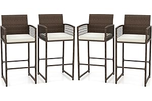Tangkula Patio Bar Stools Set of 4, PE Rattan Bar Height Chairs with Backrests, Armrests, Footrests & Soft Cushions, Outdoor High Top Barstools with Metal Frames for Backyard (4 Pack)