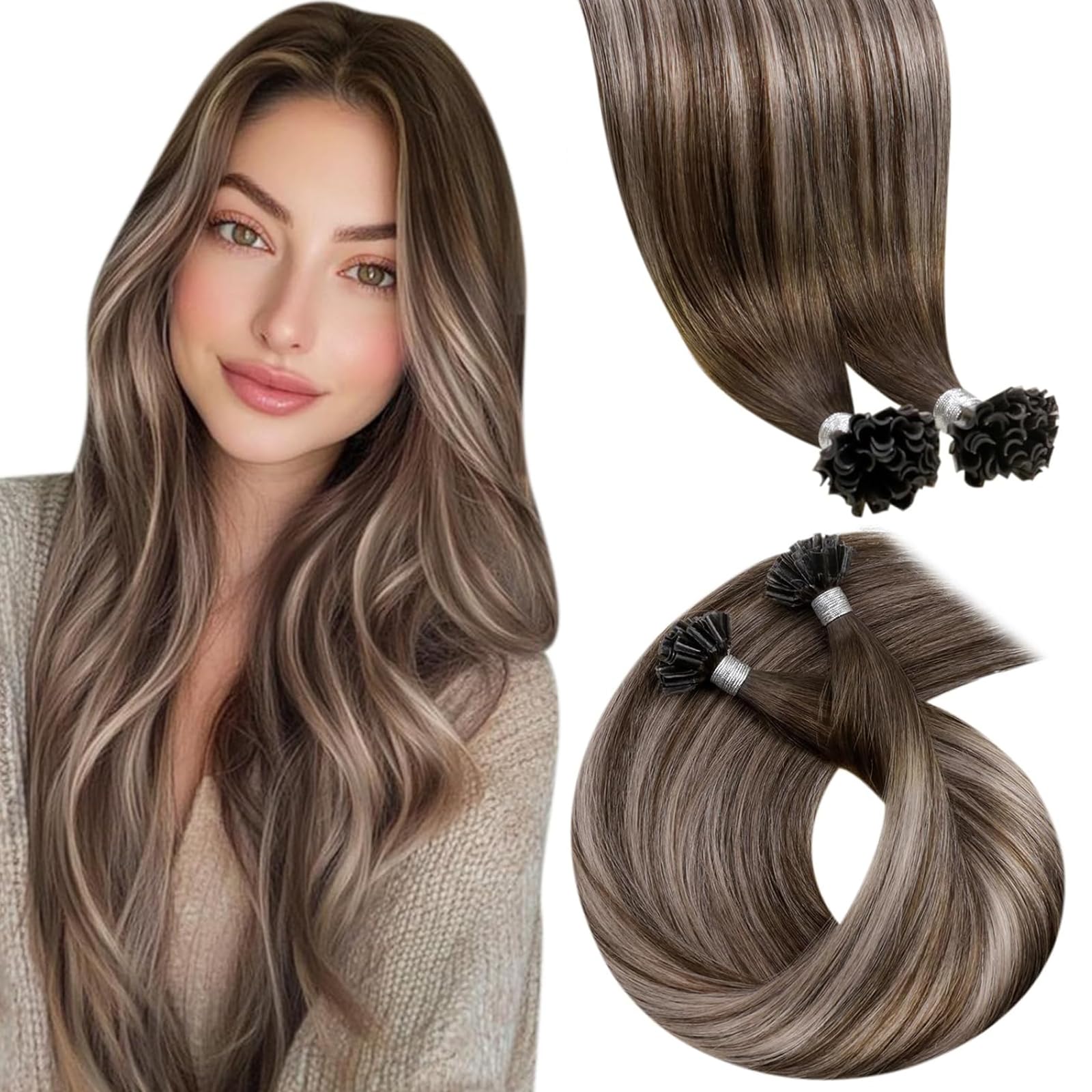 LaaVoo U Tip Hair Extensions Real Human Hair Brown, Remy Straight Balayage Dark Brown to Ash Blonde & Dark Blonde Real Hair Extensions, Hot Fusion for Invisible & Stable 50s 50g 20 Inch #4/18/4