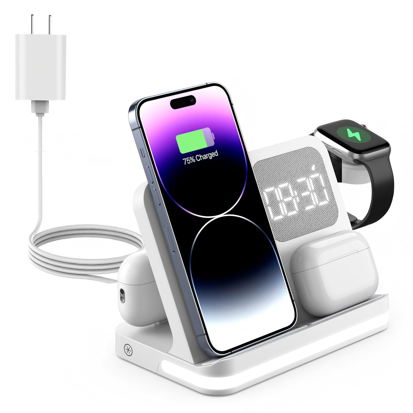 Photo 1 of 7 in 1 Wireless Charging Station Compatible with Apple Multiple Devices iPhone, AirPods, and Apple Watch - Phone Wireless Charger Fast Charging with Night Lamp and Clock(White)