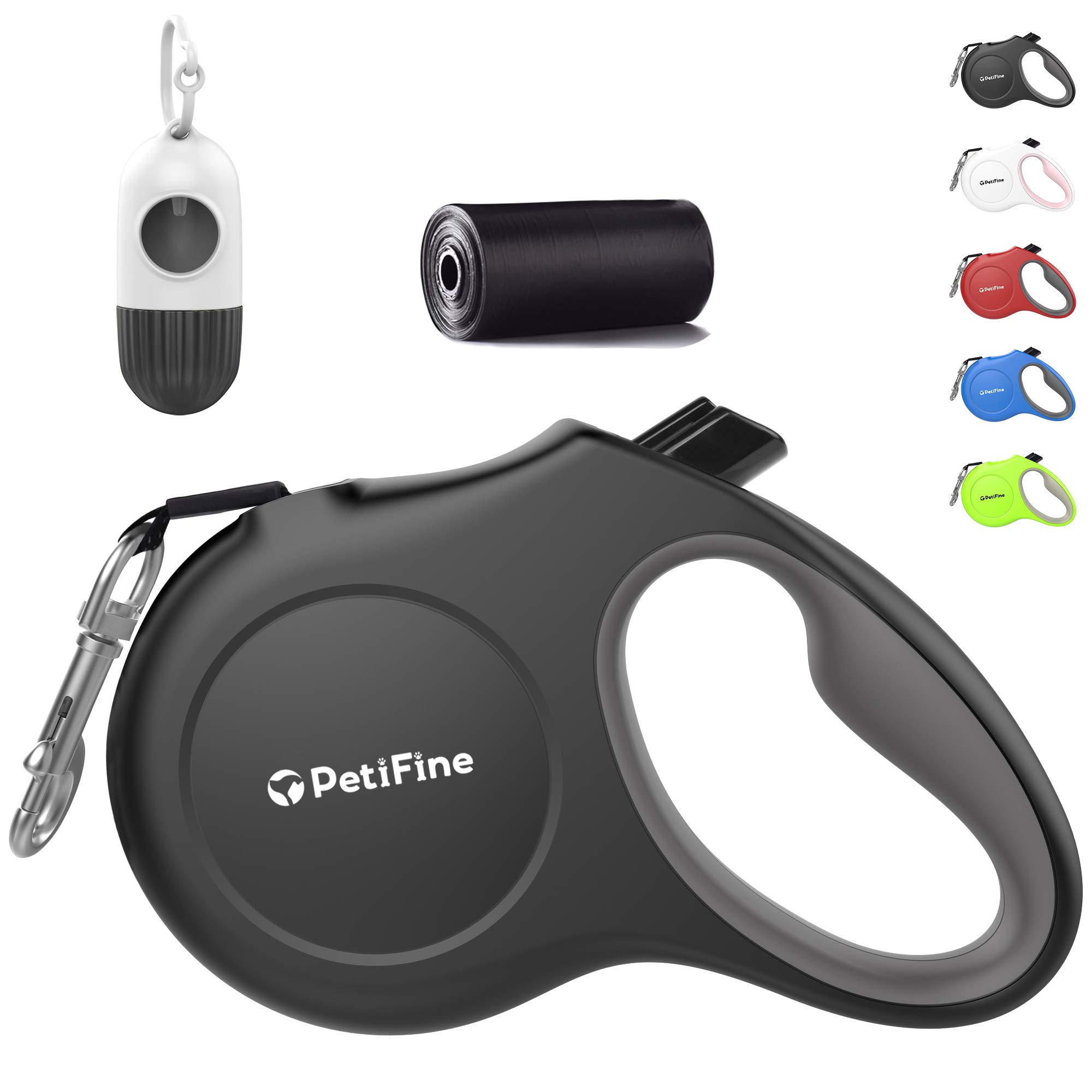 PetiFine Dog Retractable Lead 5m with Dispenser 20 Poop Bags,Tangle Free Reflective Strong Nylon Walking Leash,for Small Pet up to 12kg(Black)