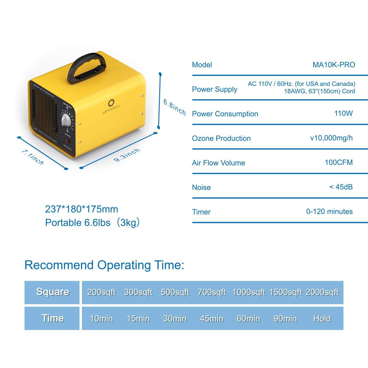 Airthereal MA10K-PRO Ozone Generator - High Capacity O3 Machine for Areas of 3500+ Square Feet, Home Ionizer Odor Remover, Yellow