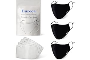Euroca - Cloth Face Mask, 3 Layers Cotton Face Masks, Face Masks Reusable & Washable, Face Mask With Filter Sheets (PM2.5)