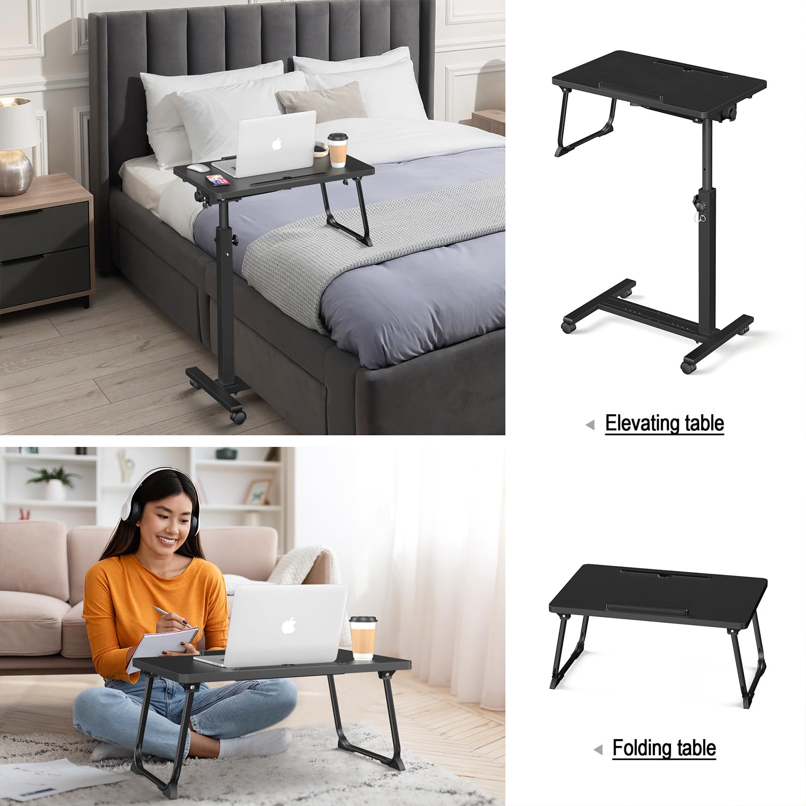 Adjustable Overbed Bedside Table, Hospital Bed Table with Wheels, Portable Rolling Desk, Mobile Small Standing Desk, Rolling Laptop Stand, Computer Cart