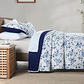 Boryard 3-Piece Queen Size Quilt Set, Lightweight Soft Warm Full Size Quilt Blue Spring Floral Bedspread Coverlet (90x90 inches) with 2 Pillow Shams for All Season, Navy Flower Print…