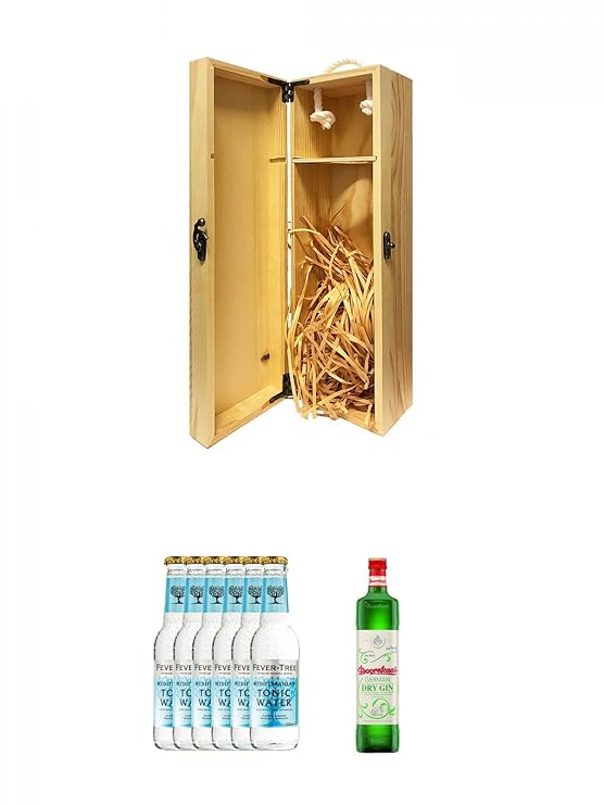 1a Whisky Holzbox für 1 Flasche mit Hakenverschluss + Fever Tree Mediterranean Tonic Water 6 x 0,2 Liter + Doornkaat German D
