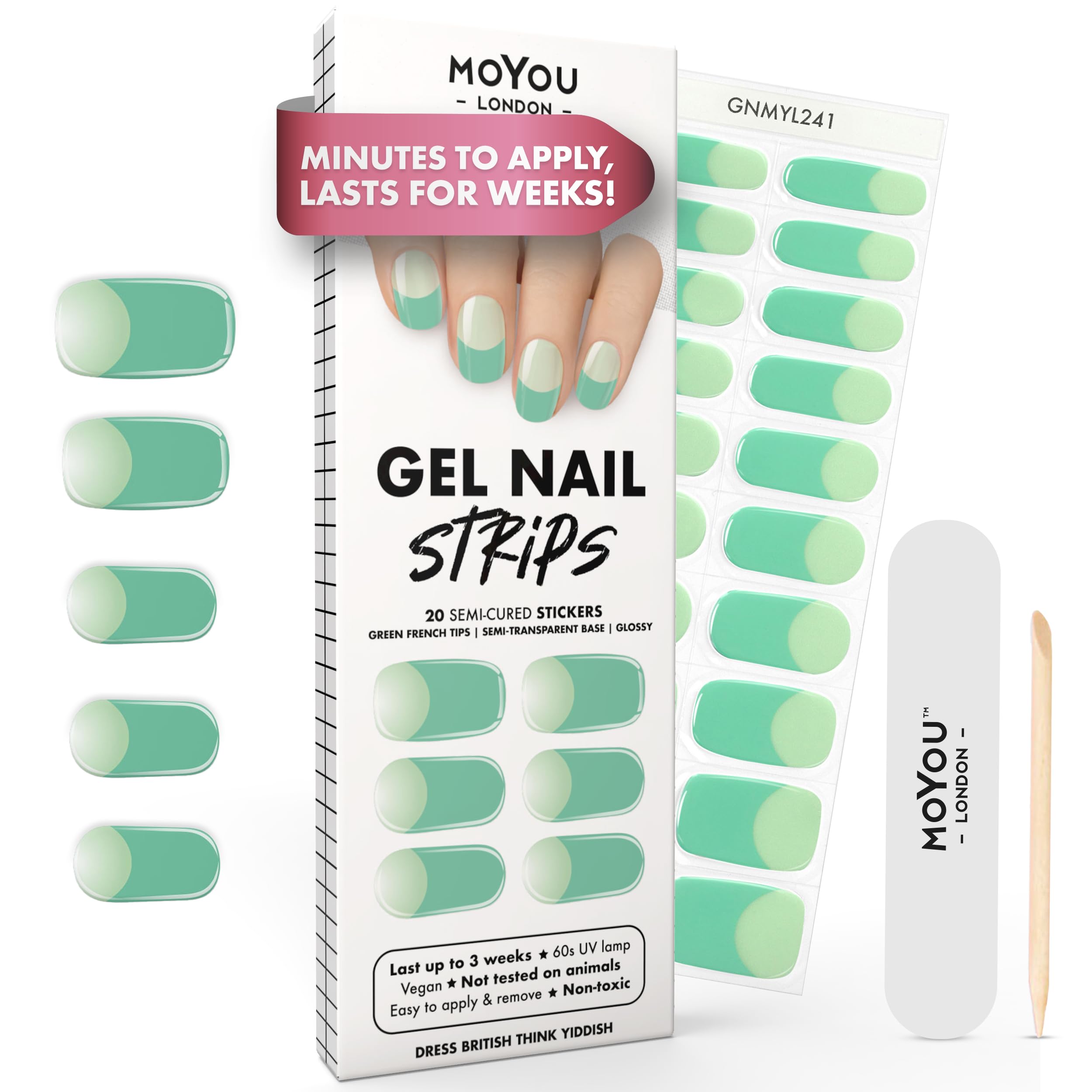 MOYOU LONDON Semi Cured Gel Nail Strips - 20 Pcs. Waterproof Gel Nail Wraps, Cures in Sunlight or UV/LED Lamp, Lasts Up to 2+ Weeks, Stretchable, Easy to Apply & Remove, Vegan & Cruelty-Free