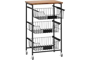 OKZEST 4-Tier Small Kitchen Storage Cart on Wheels, Metal Fruit Basket Stand with Pull-Out Baskets & Wood Top for Potato Onion Produce Snack Veggies