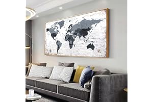 Framed wall art World Map Wall Art Canvas Picture 75cmx150cm Large Black and white Map of The World Canvas Painting Artwork P