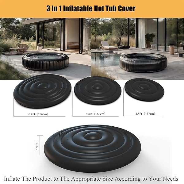 SIBOSEN INFLATABLE HOT TUB COVER WITH HANDLE, ONE SIZE FITS ALL PORTABLE HOT TUB COVER UPGRADE INSULATED THERMAL ENERGY SAVING HOT TUB LID PROTECTOR OUTDOOR WINDPROOF RAIN-PROOF SNOW-PROOF (BLACK)