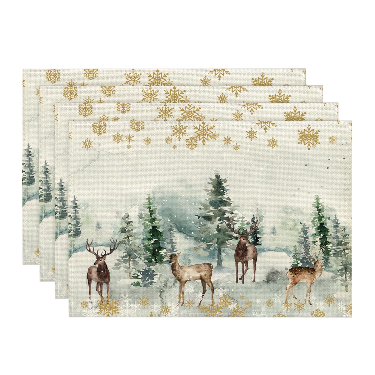 Artoid Mode Watercolor Deer Trees Snowflakes Christmas Placemats Set of 4, 30 x 45cm Winter Xmas Holiday Vintage Washable Table Mats