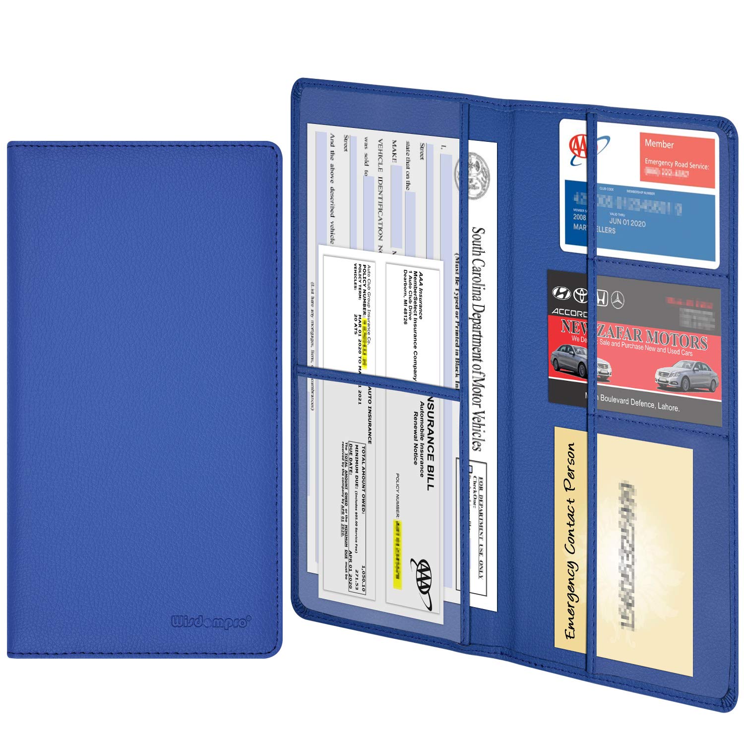 wisdompro Car Document Wallet, Premium PU Leather Car Registration and Insurance Holder - Vehicle Paperwork Wallet Case Organizer for ID Card, Driving Licence, Key Contact Information Cards - Blue