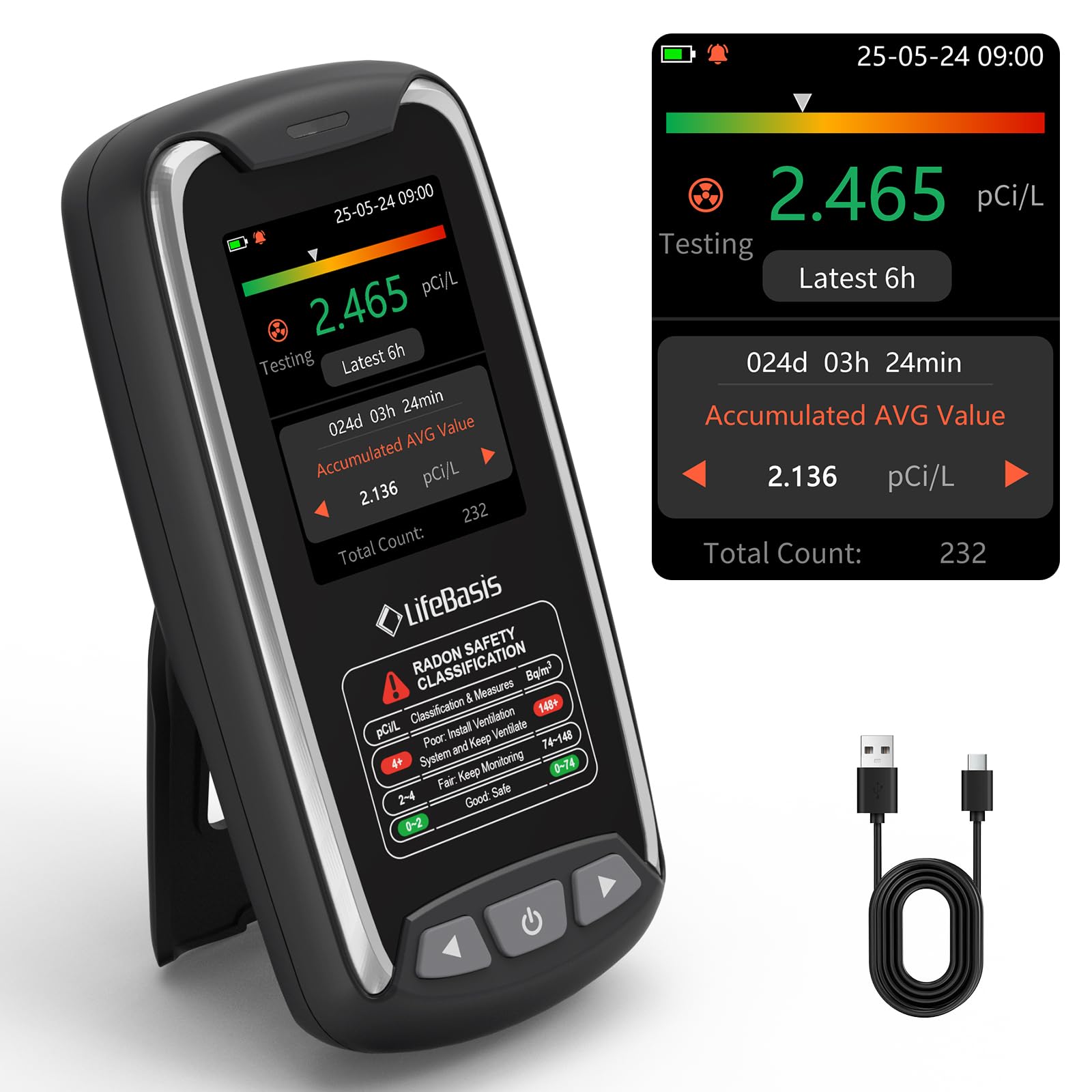 Photo 1 of LifeBasis Radon Detector with TFT Color Display, Portable Radon Monitor for Home Rechargeable Radon Tester Long Data Storage with Visual and Audible Alarm First Data Display in 6 Hours pCi/L or Bq/m³