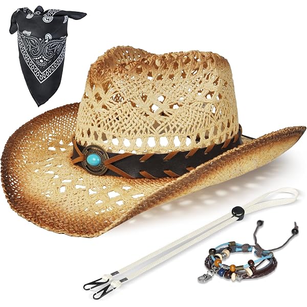 1329 Cowboy Cowgirl Hats For Men Women 2 Pack Hatbands Straw Hat Wide Brim Funcredible Straw Cowboy Hat for Women - Vintage Cowgirl Hat  main image 4
