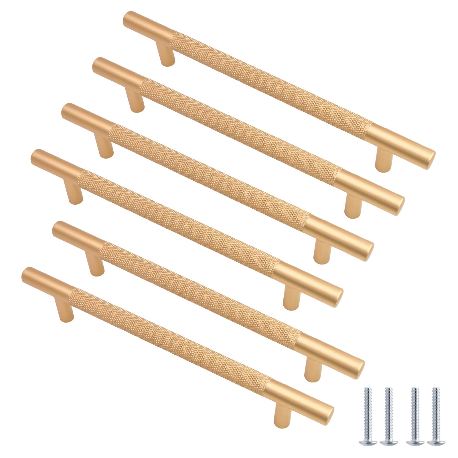 Cjueiom 6 Pack Gold Cabinet Handles 160mm Hole Center T-Bar Handles, Knurled Drawer Handles Long Wardrobe Door Handles Pulls with Diamond Pattern, Kitchen Cabinet Handles for Bedroom Drawer — image 1
