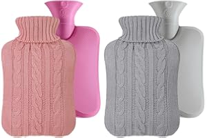 Kellegour 2pcs Hot Water Bottle,Rubber Hot Water Bag with Knitted Cover,Hot Water Bottle with Cover,Warm Water Heat Bottles,f