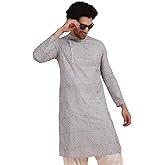 KISAH Mens Kurta – Printed Cotton Blend Tunic with Mandarin Collar, Regular Fit – Indian Wedding Outfit for Men – Festive Wear for Diwali, Eid & Celebrations Blue