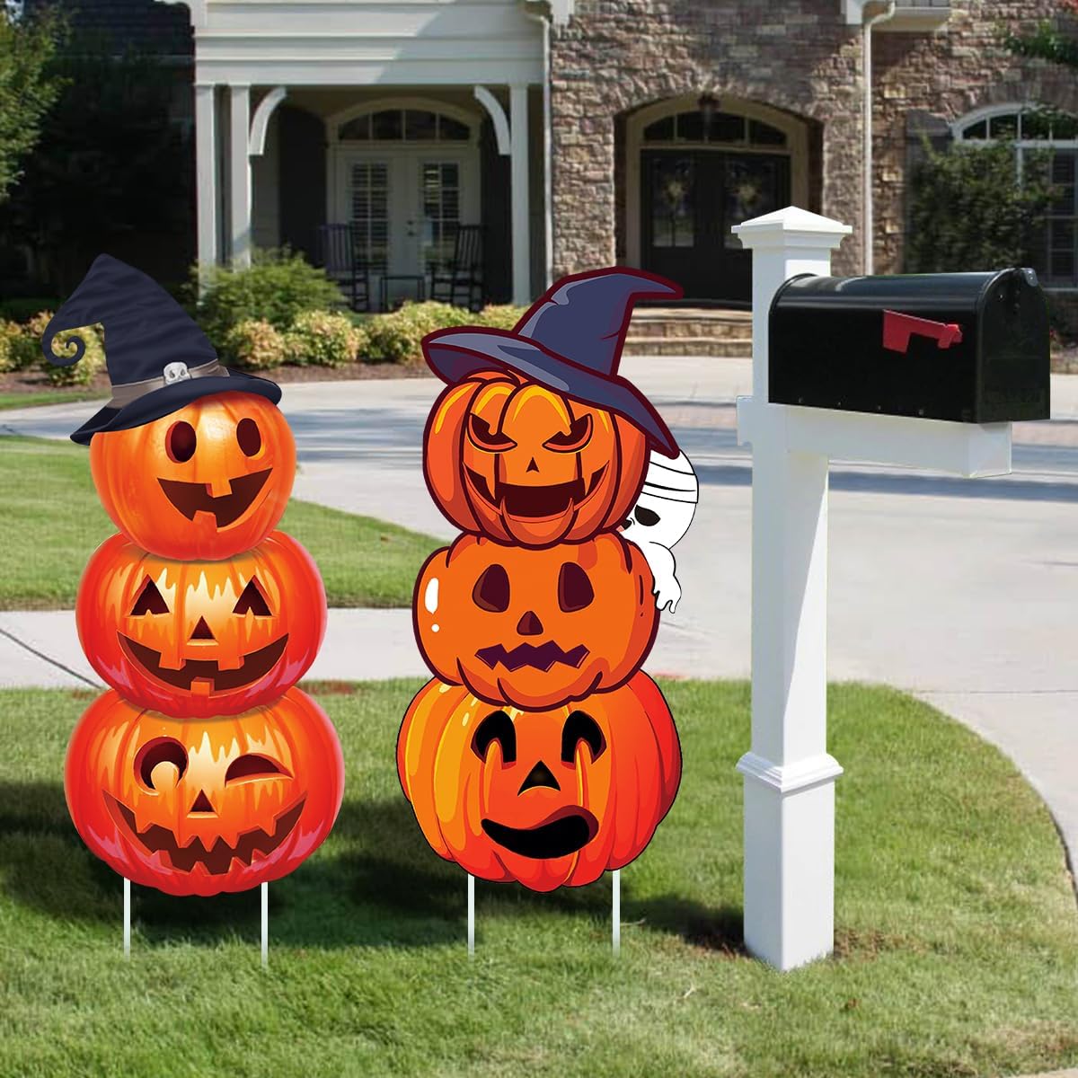 Yard Signs - 34in Halloween Yard Signs Garden Stakes for Halloween Outdoor Decorations, 2Pcs Large 3-tiered Halloween Pumpkin Ghost Yard Sign for Trick-or-Treat Halloween Party Lawn Decorations