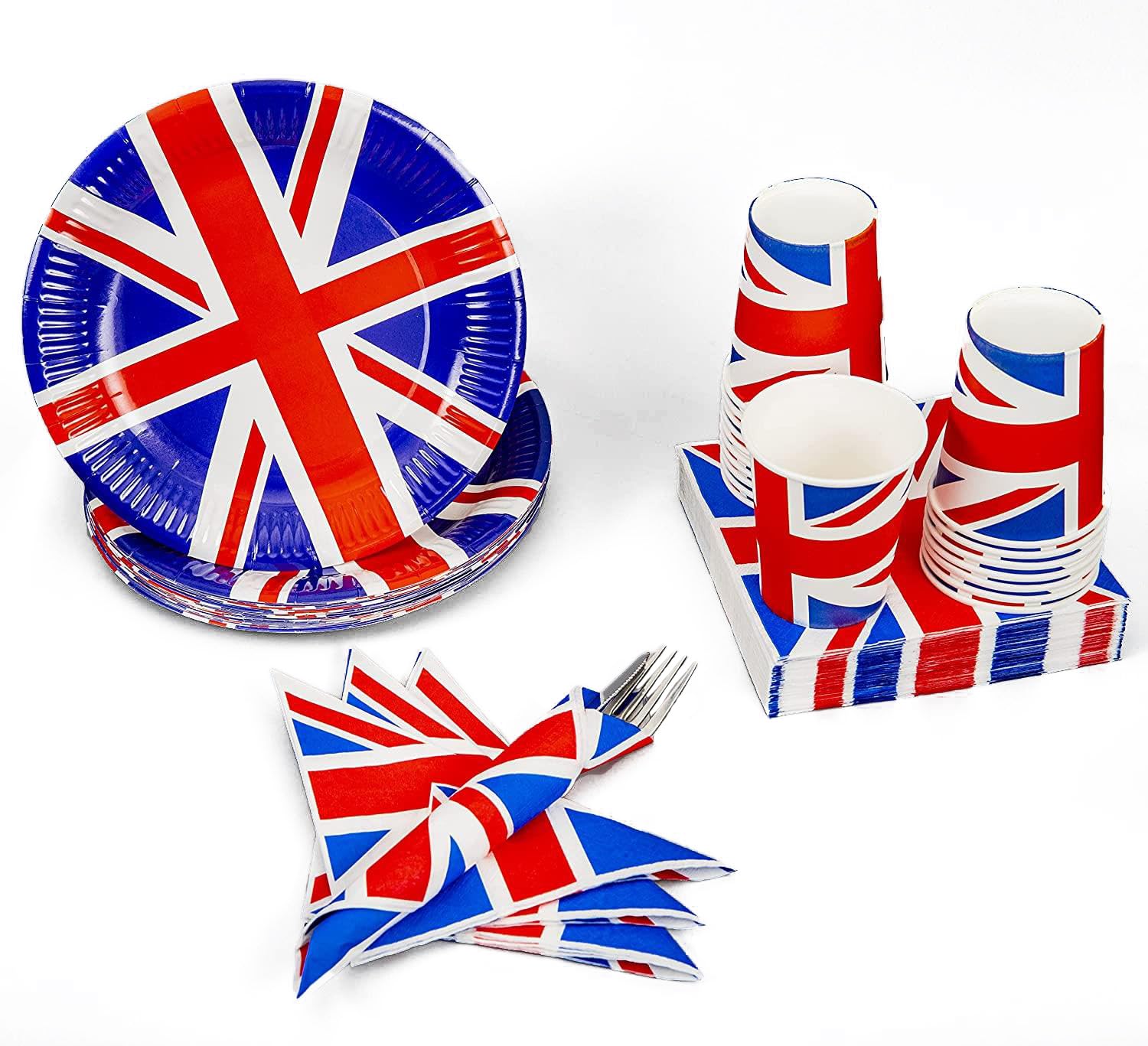 46pcs Union Jack Party Set - Napkins/Cups/Plates/Table Cover - VE Day 80th Anniversary Decorations - UK Flag Disposables -Tableware Party Supplies - Great Britain Street Events