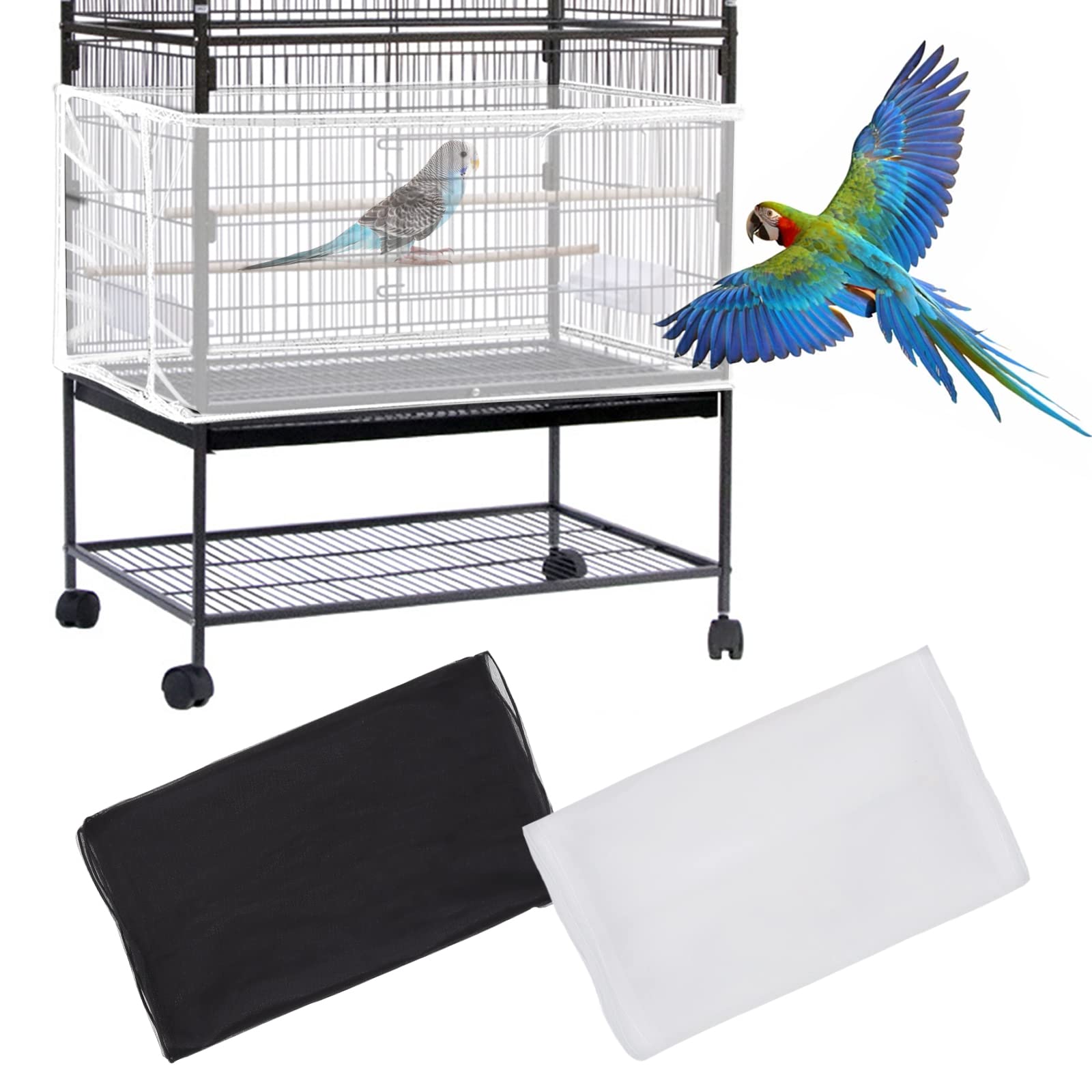 Mngren 2Pcs Universal Bird Cage Cover, Extra Large Seed Feather Catcher, Adjustable Parrot Nylon Airy Soft Mesh Net, Birdcage Cover Skirt Sheer Guard for Parakeet Macaw Round Square Cages