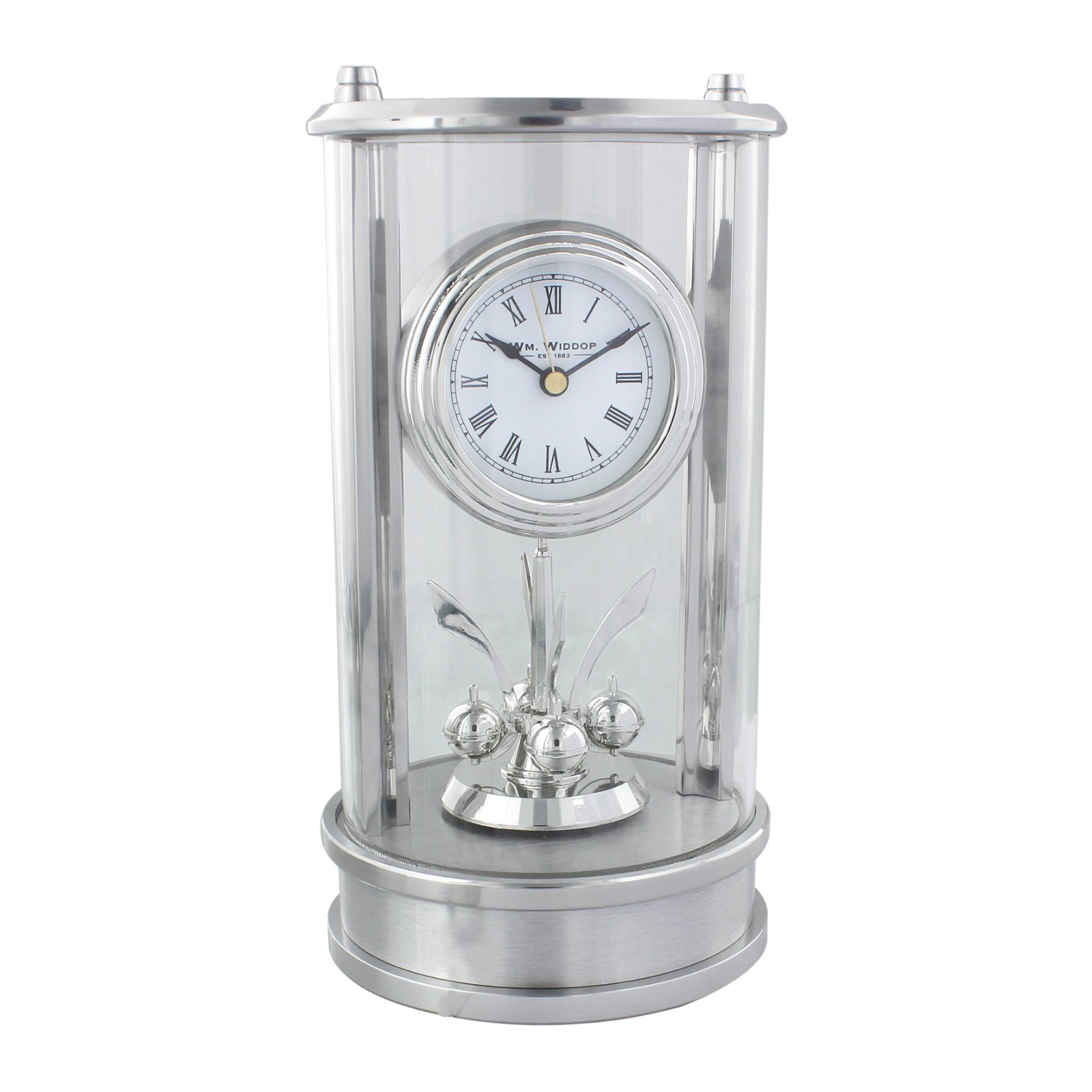 Wm.Widdop Round Silver Mantel Clock Skeleton Rotating Pendulum and Dial