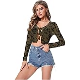 SOLY HUX Women's Long Sleeve Floral Lace Cropped Cardigan Mesh Sheer Tie Front Y2K Crop Tops 2023 Fashion
