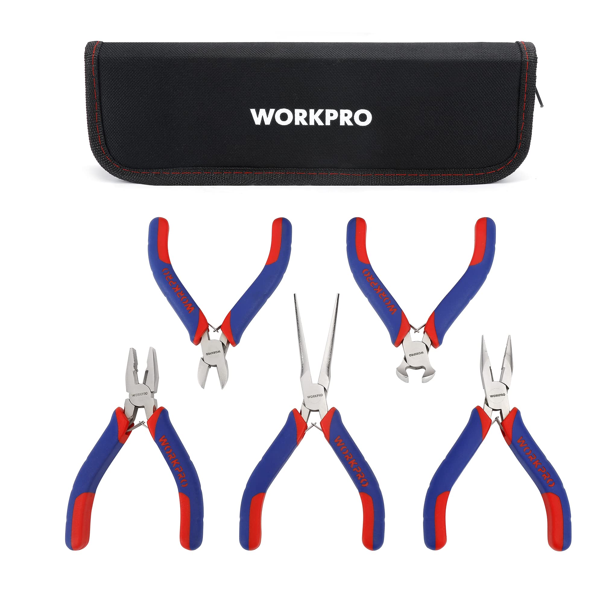WORKPRO Mini Pliers Set - 5-Piece Jewelry Pliers with Organizer Pouch, Including Linesman, Long Nose, Diagonal, End Cutting, Needle Nose