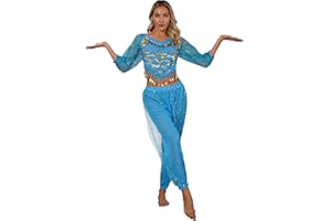 Aislor Women's Belly Dance Costume Sequins Beaded Long Sleeve Crop Top with Harem Pants Dancewear