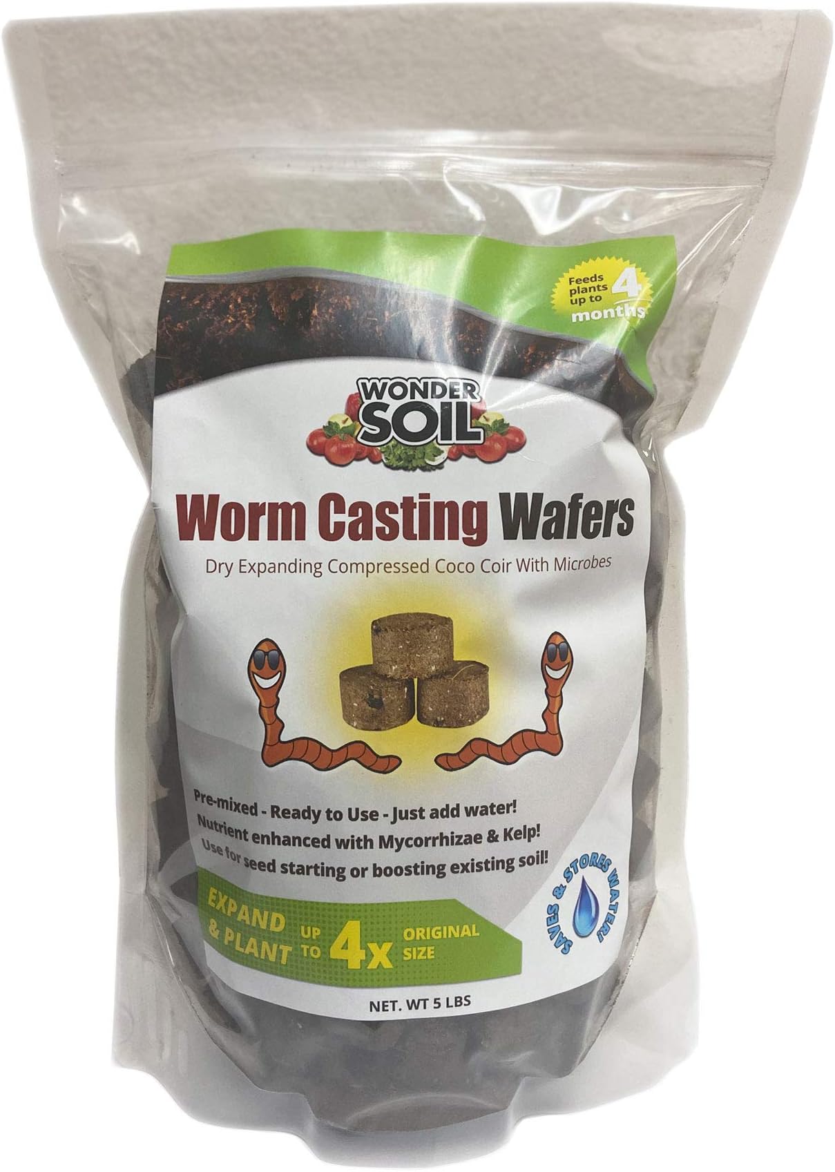 Wonder Soil | Coco Coir Seed Starting/Soil Boost Wafers | Only Compressed Coco Coir with Nutrients | Worm Castings, Mycorrhizae, Kelp | 5 LBS Bag Expands to 1 CuFt | Fast Germination, Indoor Outdoor