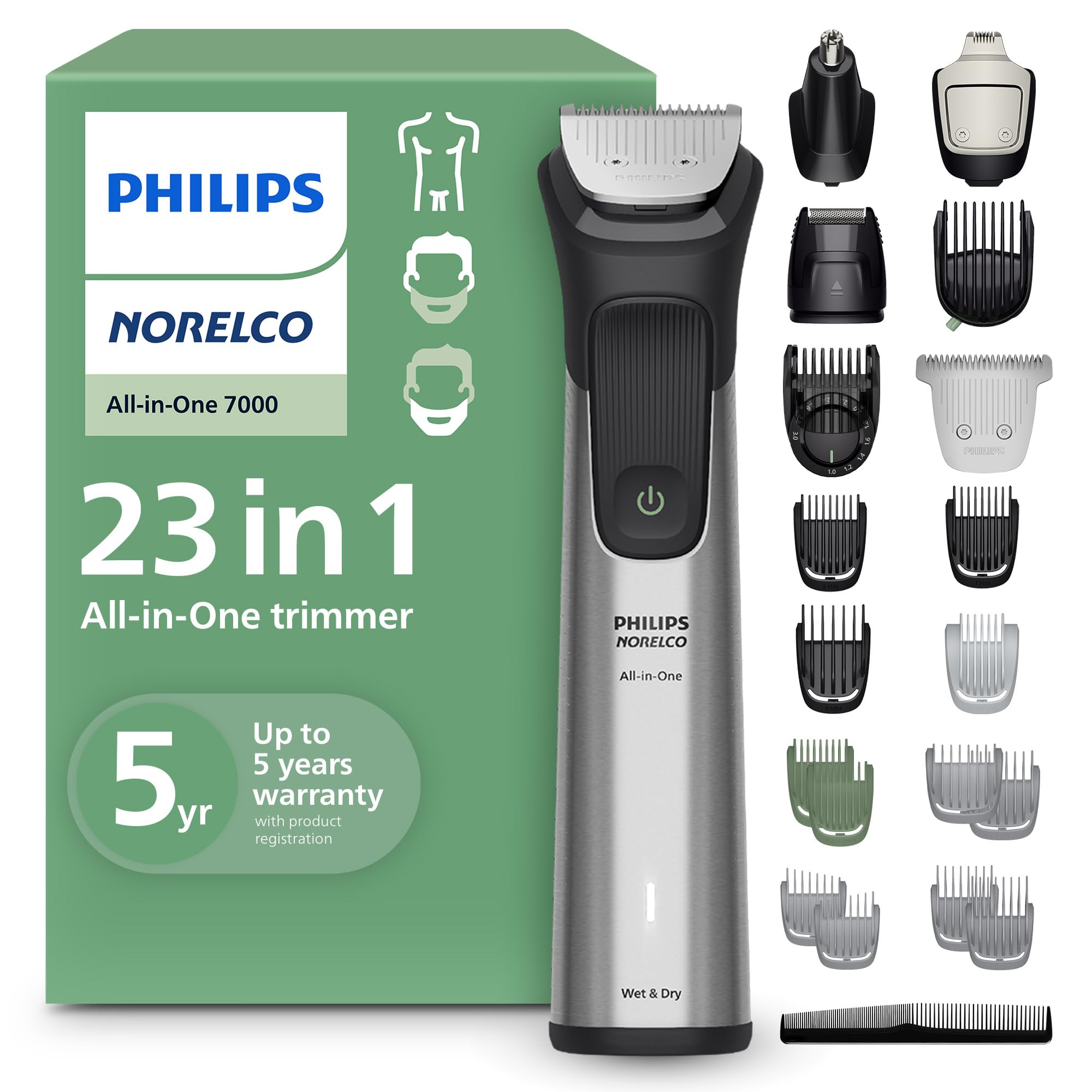 Photo 1 of Norelco Philips All-in-One 7000 Series 23-Piece Trimmer - Electric Shaver and Clipper for Face, Beard, Head & Body, Self-Sharpening Titanium Blades, 26 Length Settings (0.5-16 mm), MG7970/49