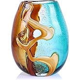 Pretty Hand Blown Glass Vase, Colored Glass Flower Vases Home Decor, Amber and Teal Decorative Murano vase for Living Room Office Bedroom Coastal Table Centerpieces Gift